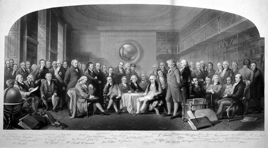 Distinguished British men of science 1800's assembled in the library of the Royal Institution, London 2